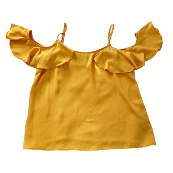 L'Academie X Revolve Marigold Yellow Off-Shoulder Ruffle Satin Cami Top M - Picture 5 of 12